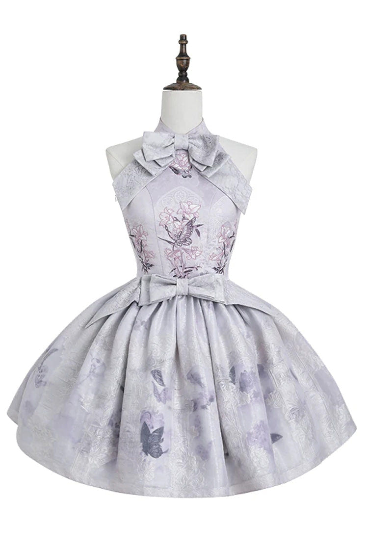 [Stained Glass Dream] Halterneck Sleeveless Printed Embroidered Bow Gothic Lolita Dress 2 Colors (Black/Purple, White/Purple) - Product - 13