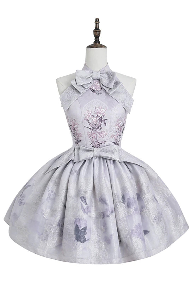 [Stained Glass Dream] Halterneck Sleeveless Printed Embroidered Bow Gothic Lolita Dress 2 Colors (Black/Purple, White/Purple) - Product - 13