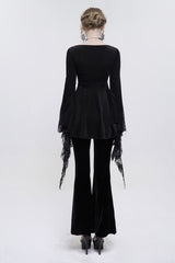 Black V-Neck Beading Lace Flared Cuffs Floral Hip Covered Long Sleeves Women's Gothic T-Shirt - Product - 5