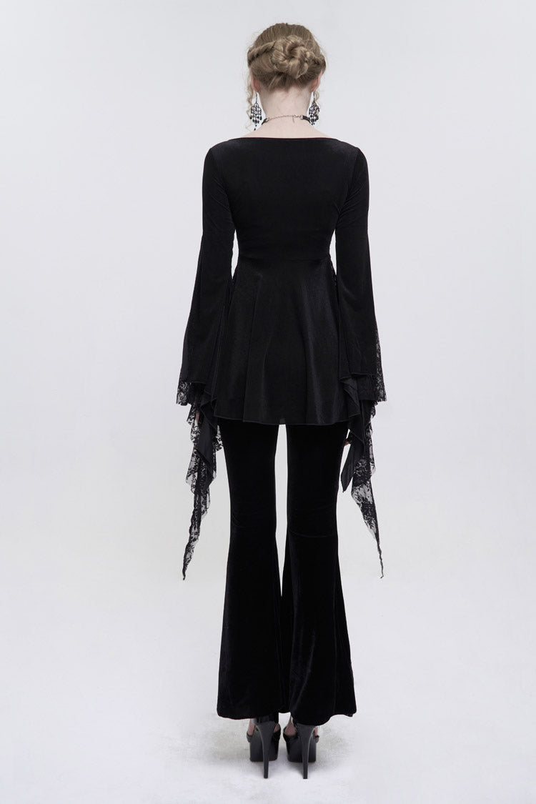 Black V-Neck Beading Lace Flared Cuffs Floral Hip Covered Long Sleeves Women's Gothic T-Shirt - Product - 5