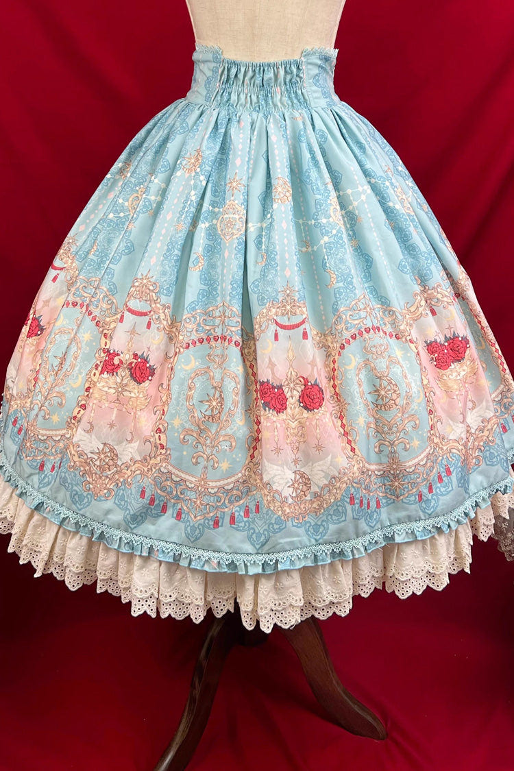 Blue [Moonlit Garden Secret] Print Ruffle Embroidery Lace Sweet Elegant Palace Lolita Skirt - Product - 16
