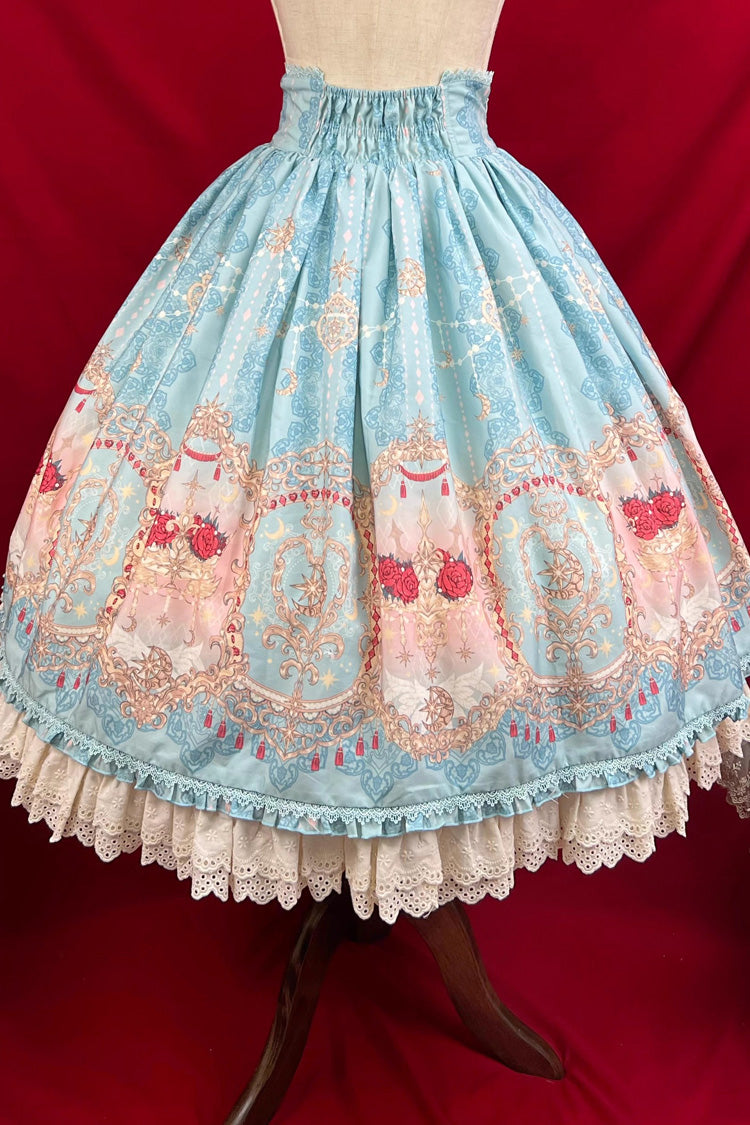 Blue [Moonlit Garden Secret] Print Ruffle Embroidery Lace Sweet Elegant Palace Lolita Skirt - Product - 16