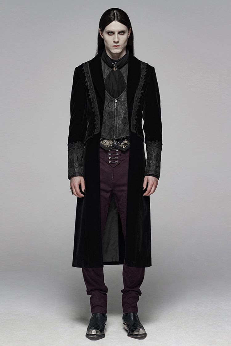 Black Long Sleeves Jacquard Lace-Up Slim Men's Gothic Long Coat - Black - 1