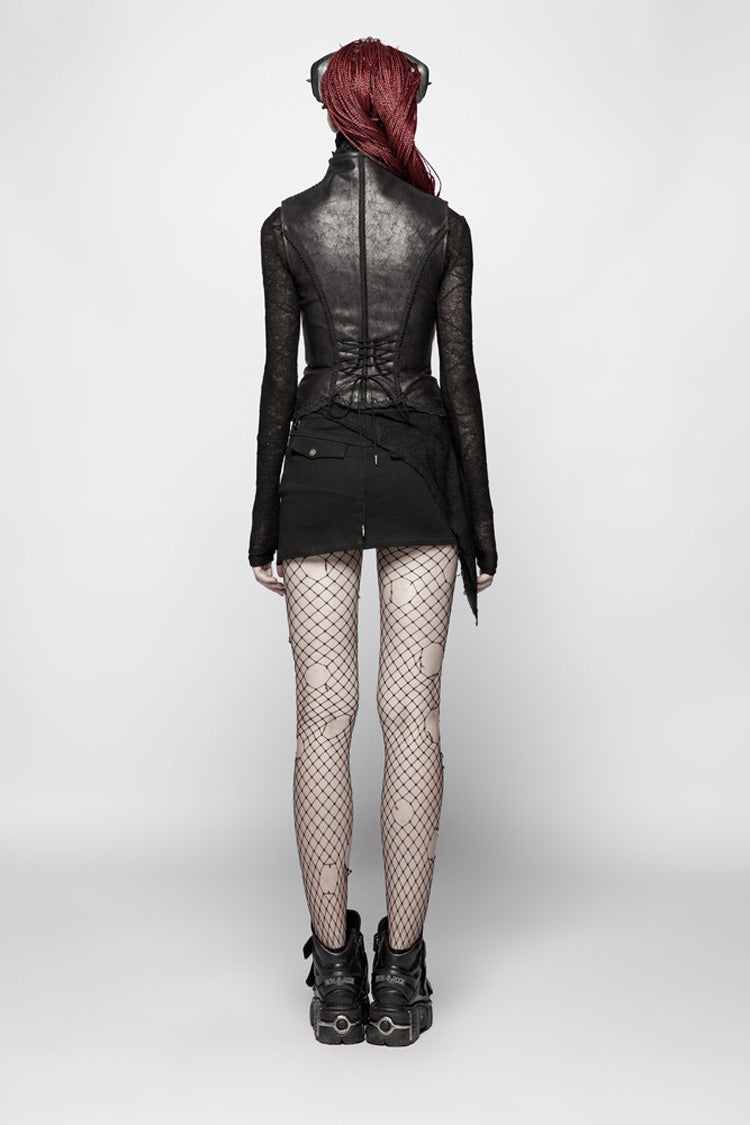 Black Back Waist Lace Up High Collar Front Metal Rivet Chest Hollow-Out Women's Punk Floral Vest - Product - 4