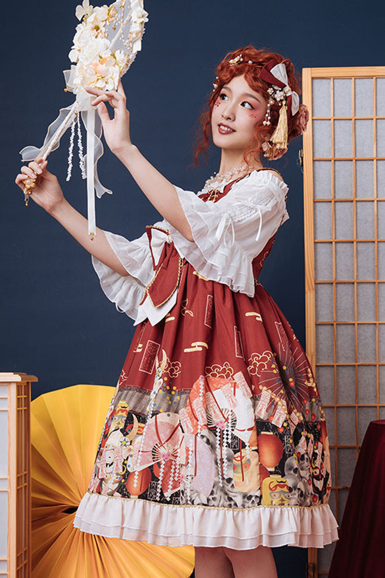 Wine Demon Mask Print Bowknot High Waisted Sling Sweet Lolita Dress - Product - 3