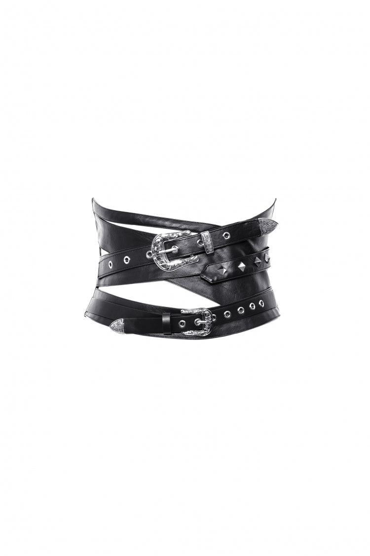 Black Lace-Up Studded Buckled Women's Punk PU Underbust Corset - Product - 3