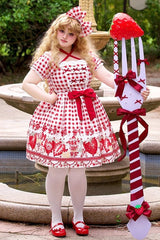 Red Short Sleeves Strawberry Plaid Print Bowknot Sweet Plus Size Princess Lolita Dress - Red - 1