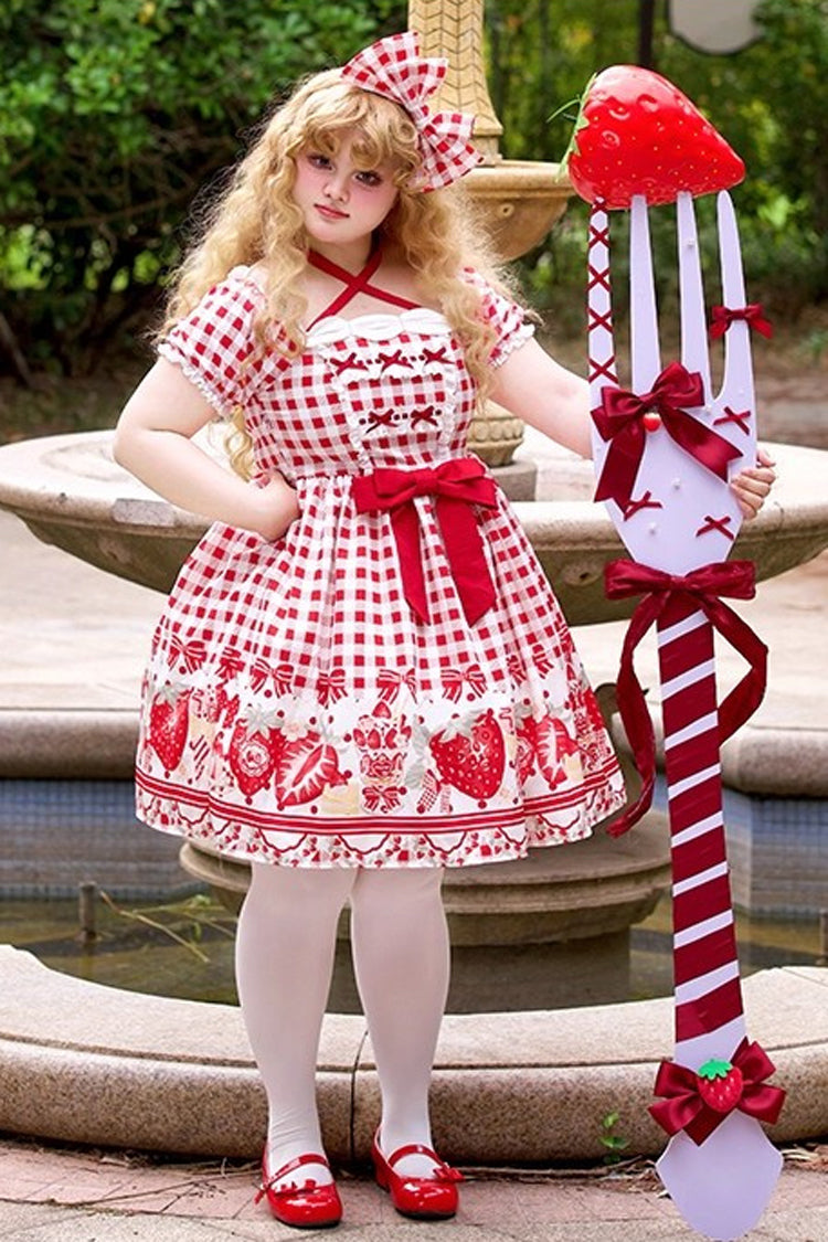 Red Short Sleeves Strawberry Plaid Print Bowknot Sweet Plus Size Princess Lolita Dress - Red - 1