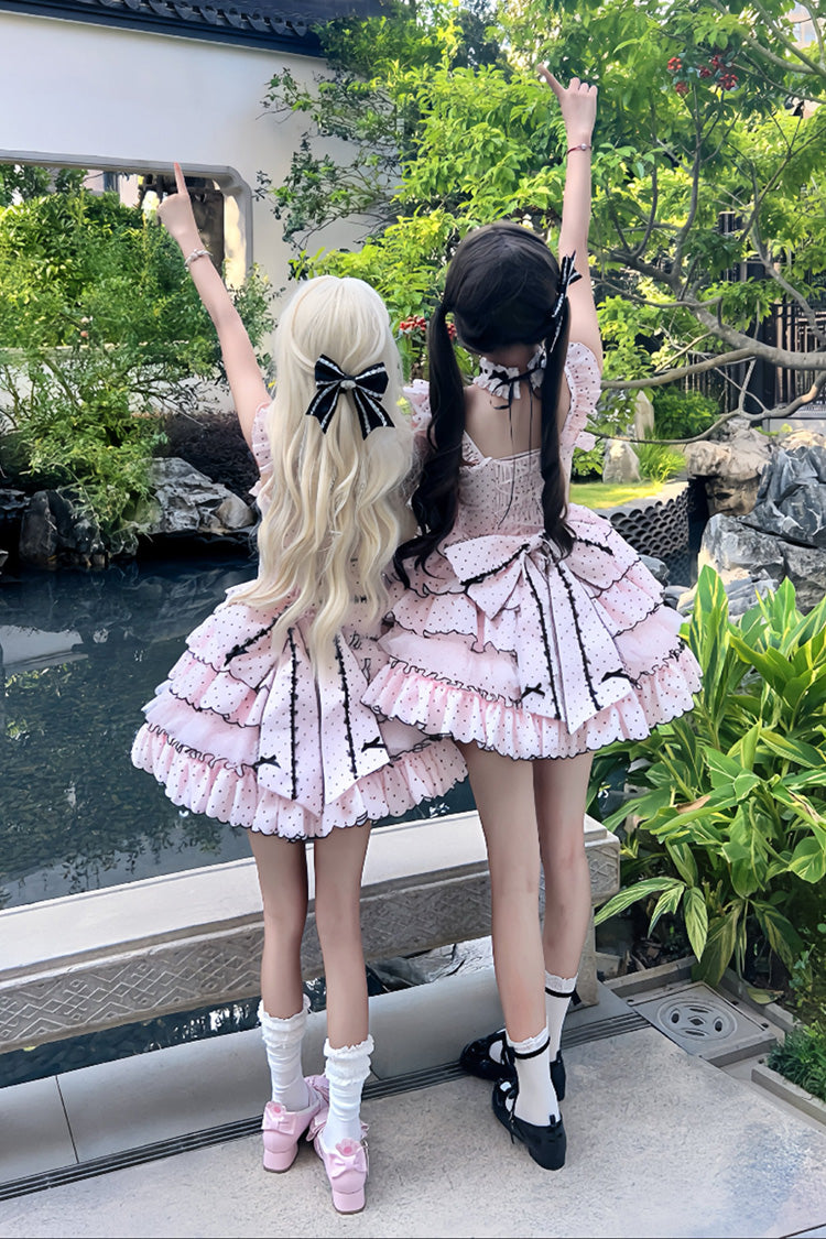 Pink Sleeveless Multi-Layered Polka Dots Printed Ruffled Bow Sweet Princess (Dress Only) detail view 4