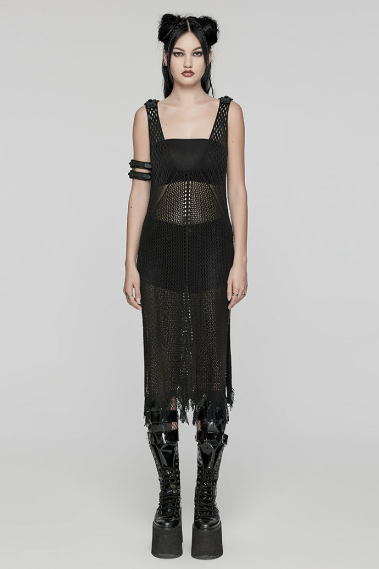 Black V Collar Sleeveless Plunging Mesh Women's Gothic Dress - Black - 1