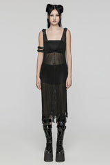 Black V Collar Sleeveless Plunging Mesh Women's Gothic Dress - Black - 1