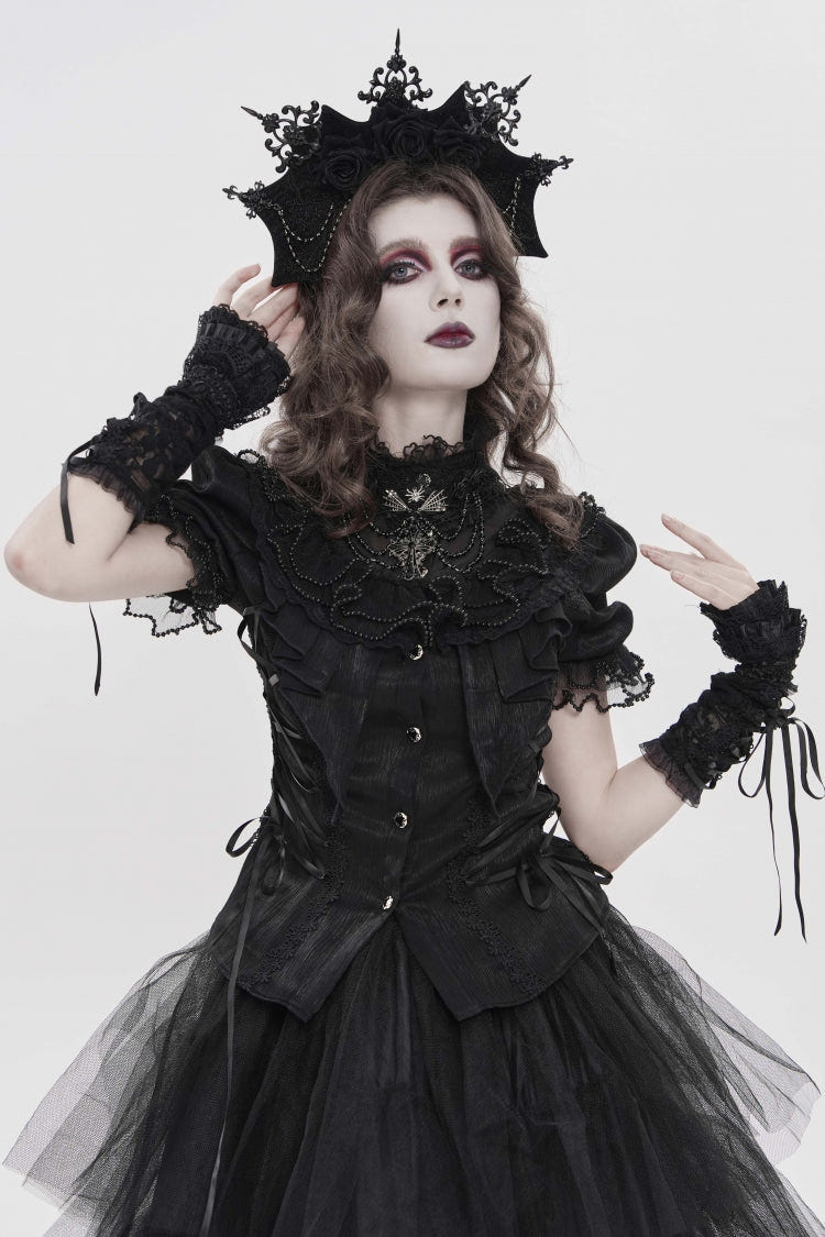 Black Stand Collar Short Sleeves Embroidered Lace Lace-Up Slim Pleated Women's Gothic Palace Blouse - Product - 9