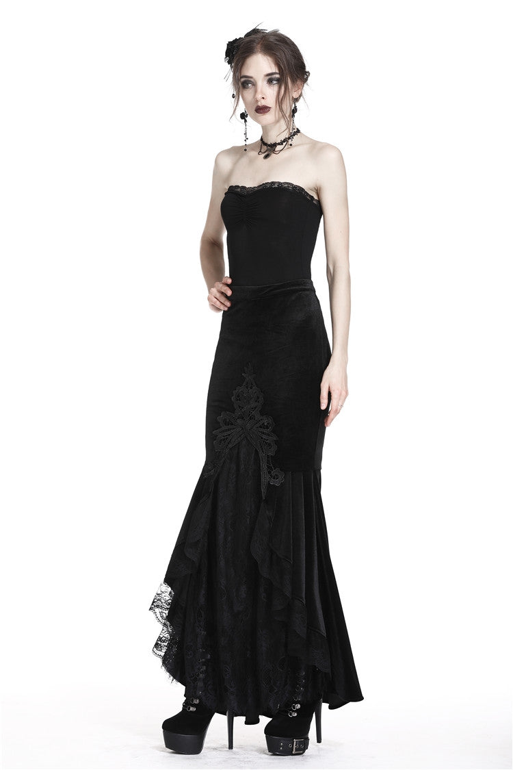 Black Velour Lace Spliced Women's Gothic Mermaid Maxi Skirt - Product - 7