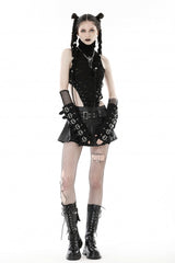 Black Faux Leather Metal Belt Buckled Pleated Women's Punk Mini Skirt - Product - 10