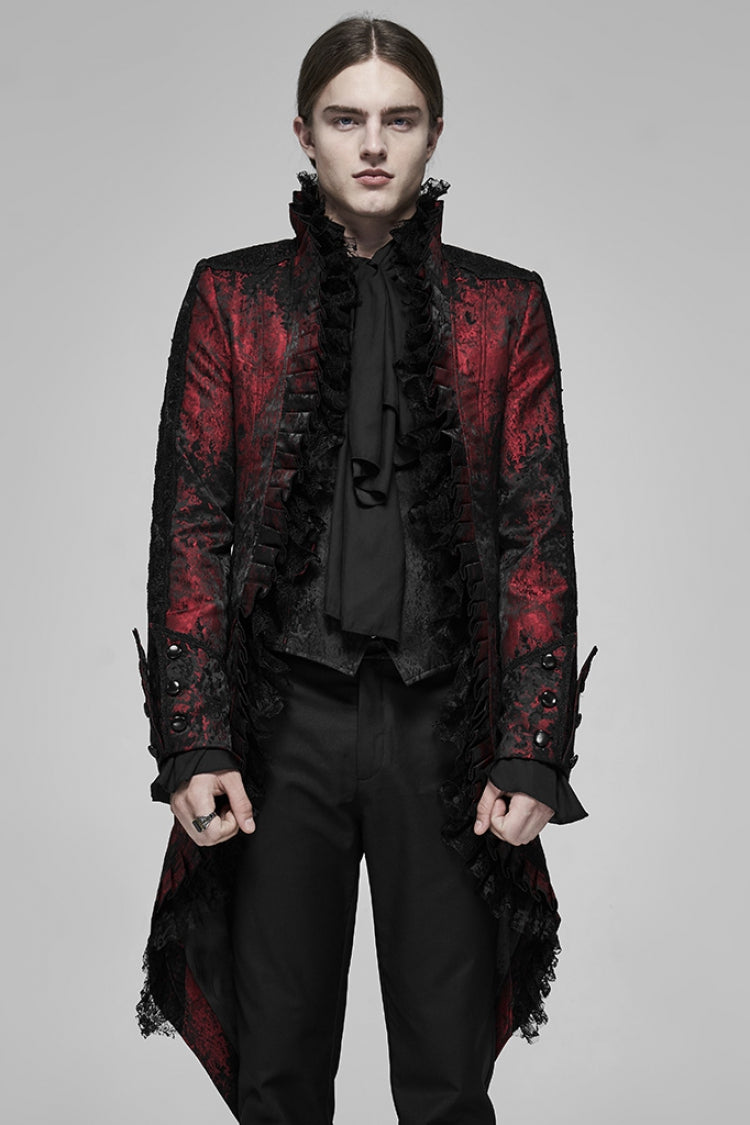 Black/Red Long Sleeves Lace Gorgeous Men's Gothic Vintage Tuxedo Coat - Black/Red - 1