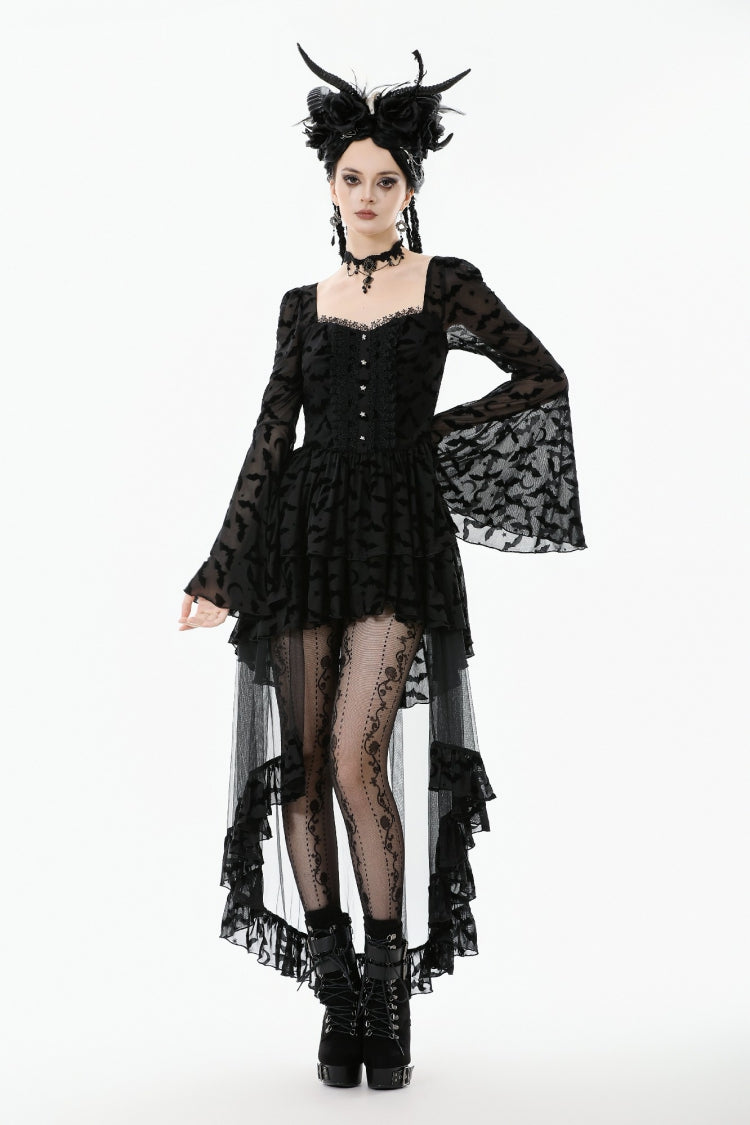 Black Square Collar Long Trumpet Sleeves Bat Printed Lace Irregular Hem Women's Gothic Dress - Product - 9