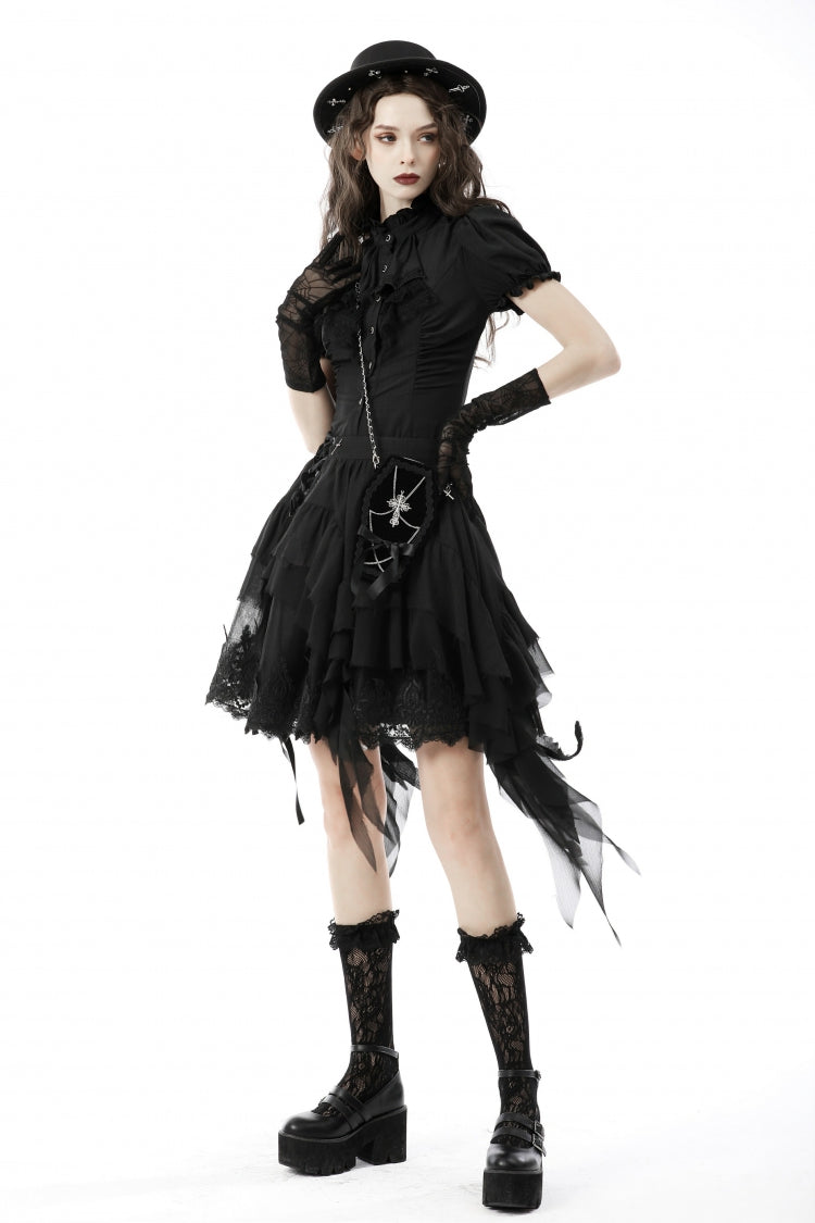 Black Ruffled Stand Collar Lace Jabot Short Puff Sleeves Front Button‑Up Lace-Up Women's Gothic Blouse - Product - 2