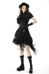 Black Ruffled Stand Collar Lace Jabot Short Puff Sleeves Front Button‑Up Lace-Up Women's Gothic Blouse - Product - 2