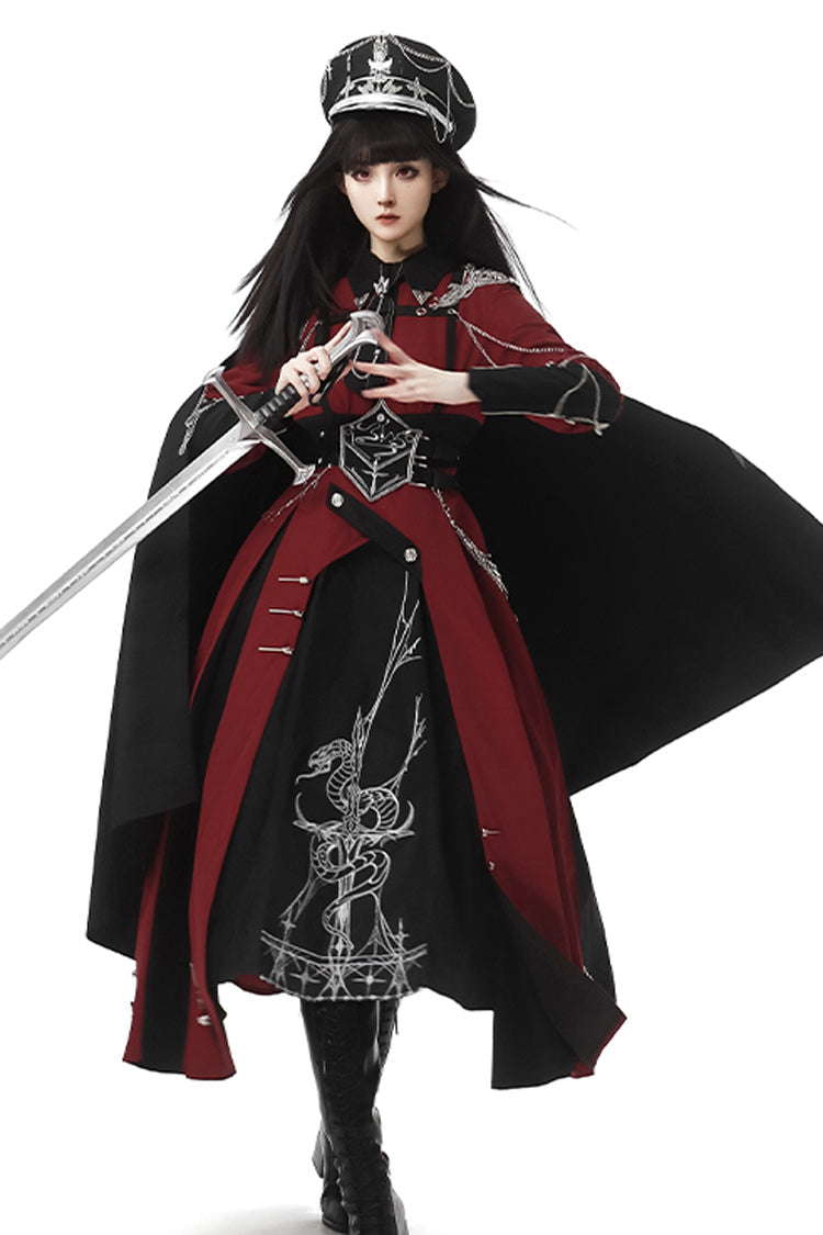 Red/Black [Scarlet Night Knight] Metal Chain Print Bowknot Gothic Military Elegant Lolita Dress - Product - 2