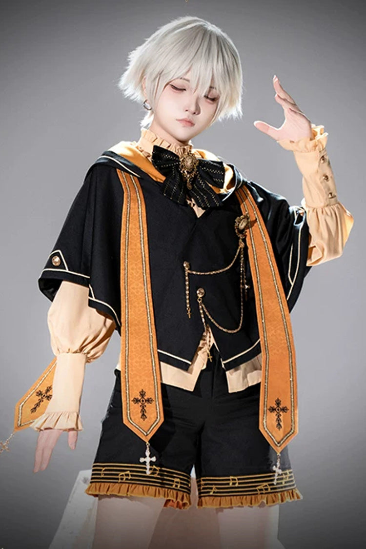 Black/Orange [The Choir Of The Church] Stand Collar Long Sleeves Bow Chain-Decorated Ouji Gothic Prince Lolita Pumpkin Shorts Set - Black/Orange - 1