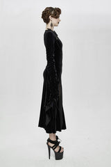 Black Flocking Pattern Trumpet Sleeve Sexy Womens Gothic Fitted Velvet Dress - Product - 3