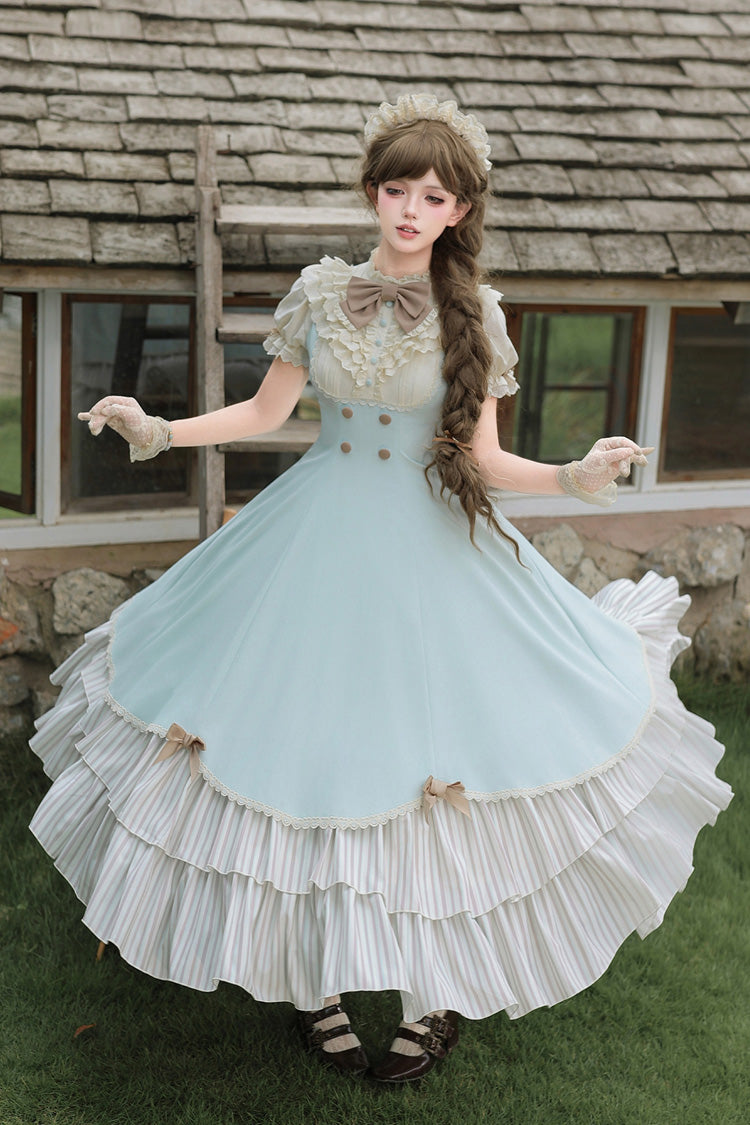 Blue [Sea Salt Snow Cap] Stand Collar Short Sleeves Petal Hem Ruffled Bow Sweet Lolita Dress Set 2 Versions - Product - 16