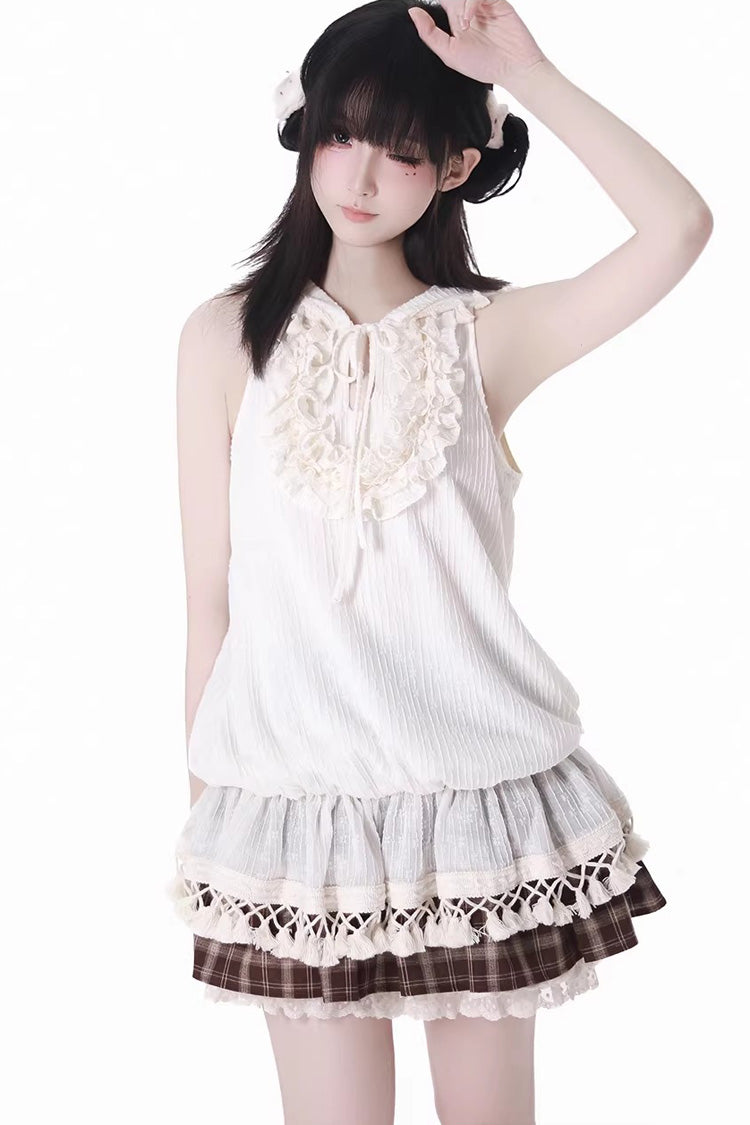 Brown [Warm Summer Days] Double-Layered Printed Ruffled Spliced Lace Sweet Lolita Skirt - Product - 12