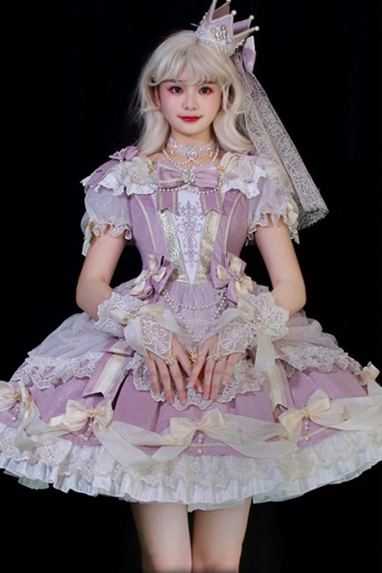 Purple [Girls' Day] Short Sleeves Multi-Layered Ruffle Bowknot Lace Sweet Lolita Dress 2 Versions - Purple - 1