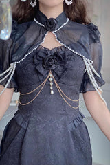 Black [Camellia 1.0] Sleeveless Jacquard Ruffle Lace Gothic Chinese Style Lolita Jsk Fishtail Dress - Product - 6