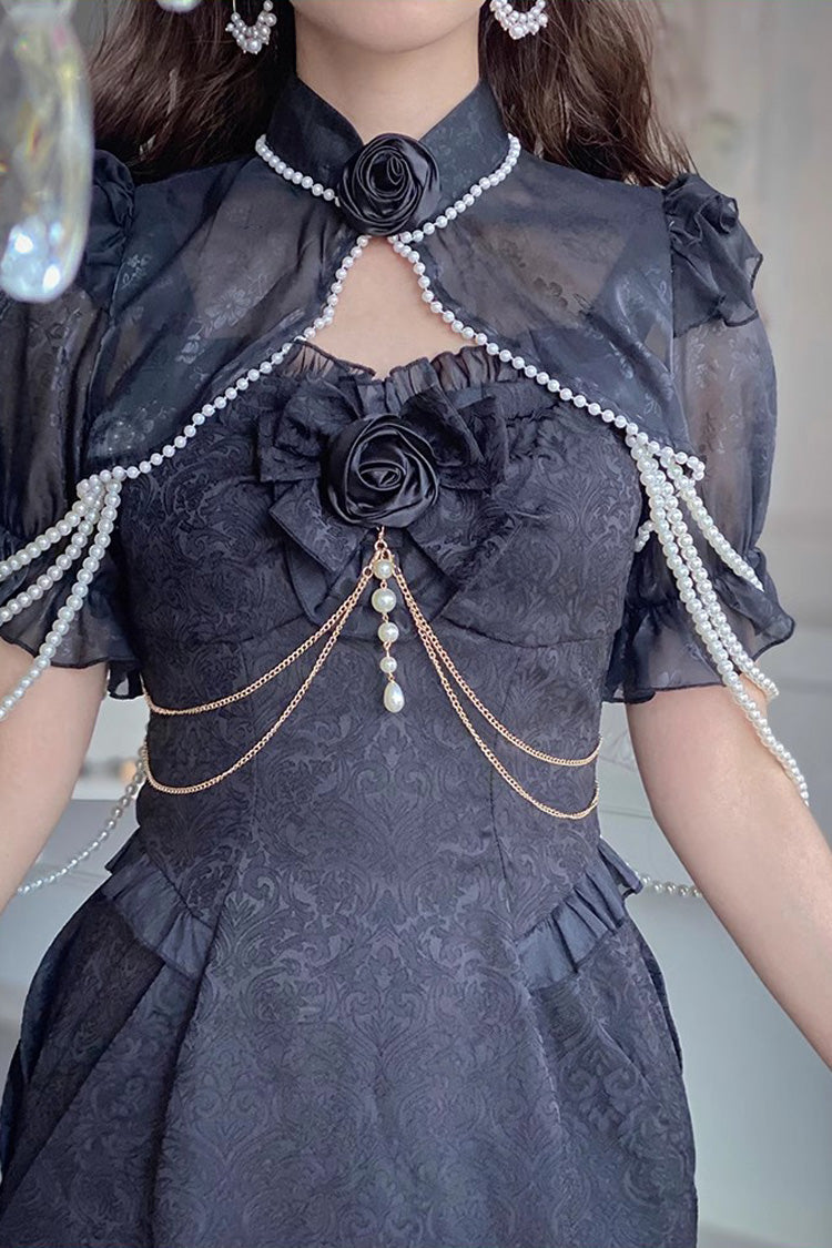 Black [Camellia 1.0] Sleeveless Jacquard Ruffle Lace Gothic Chinese Style Lolita Jsk Fishtail Dress - Product - 6