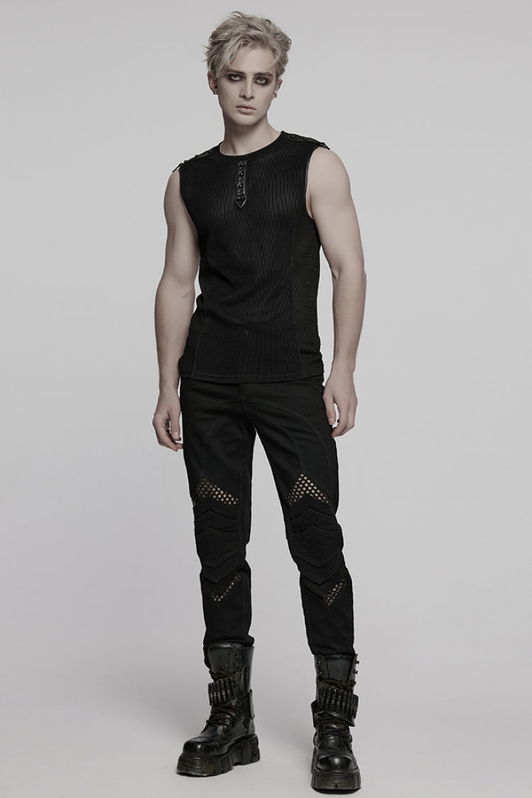 Black Round Collar Sheer Mesh Color Matching Rivet Men's Punk Vest - Product - 4