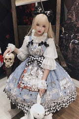 Multi-Color Blue Alice Bunny and Princess Party Print Sleeveless Bowknot Classic Gothic Lolita JSK Dress - Product - 3