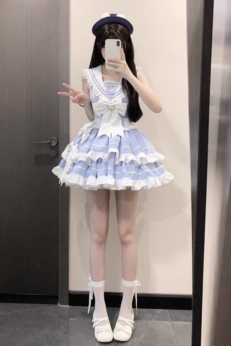 Light Blue Navy Style Sleeveless Double Layer Ruffle Bowknot Lace Sweet Lolita Dress - Product - 9