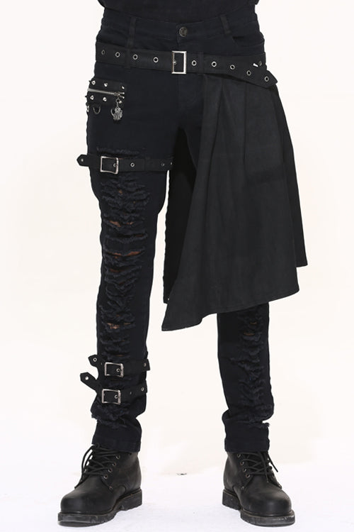 Black Adjusted Loops Punk Rock Holes Ripped Mens Pants Collocation Skirt - Black - 1