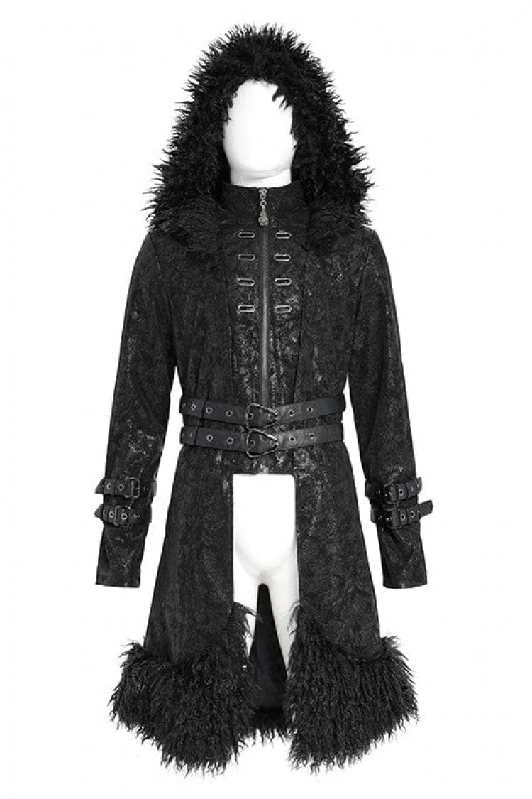 Black Stand Collar Long Sleeves Lace-Up Slim  Zippered Men's Punk Coat with Detachable Belt - Product - 2