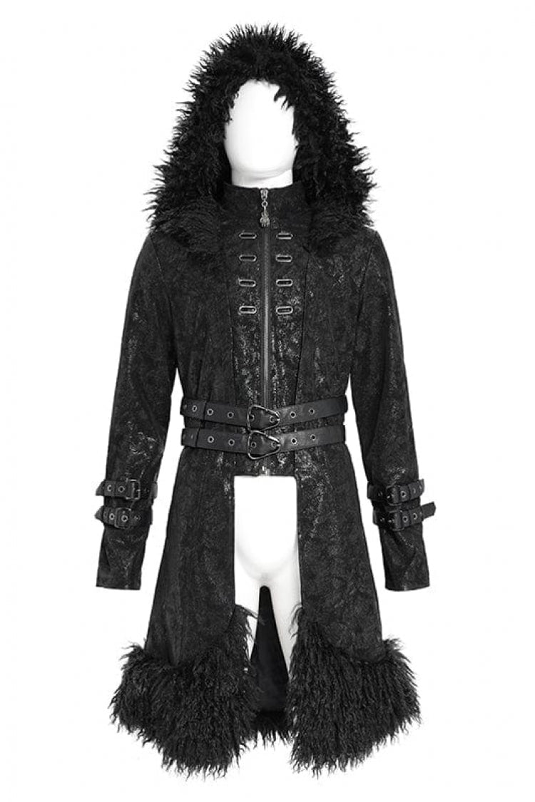 Black Stand Collar Long Sleeves Lace-Up Slim  Zippered Men's Punk Coat with Detachable Belt - Product - 2