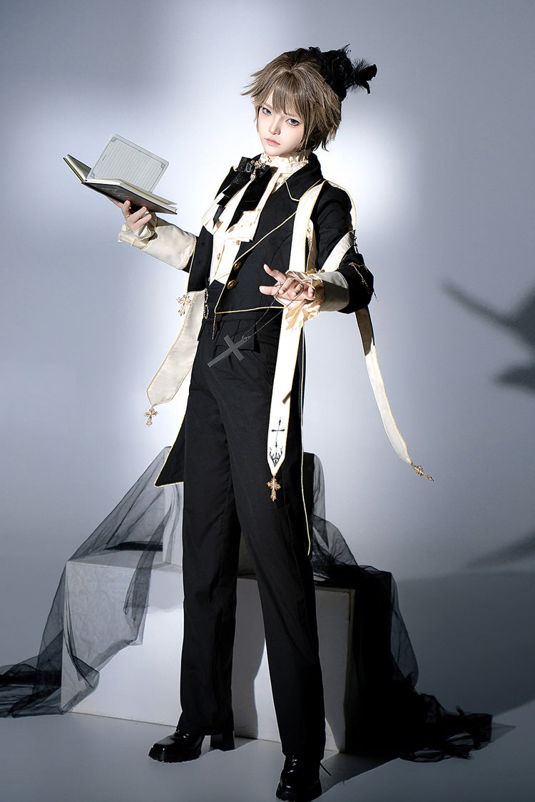 Black Long Sleeves Print Gothic Prince Handsome Ouji Lolita Swallowtail Coat - Product - 5