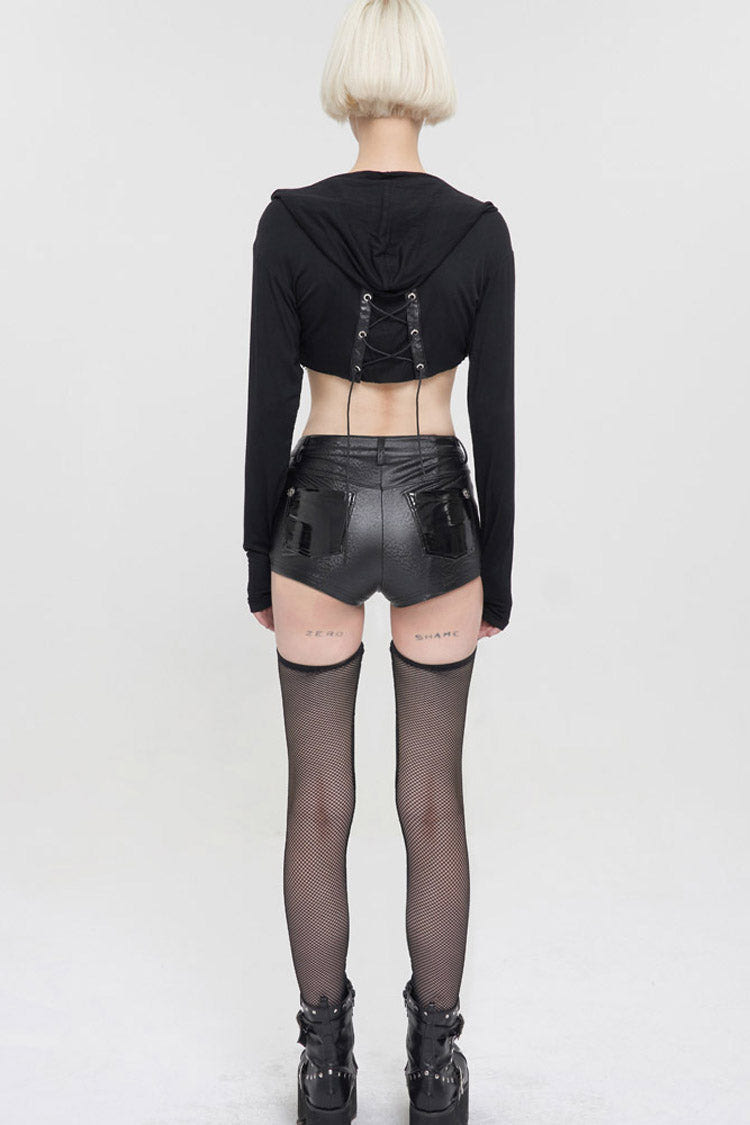 Black Punk Long Sleeve Knitted Chest Mesh Perspective Back Drawstring Adjustment Hoodie Women's Shirt - Product - 7