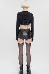 Black Punk Long Sleeve Knitted Chest Mesh Perspective Back Drawstring Adjustment Hoodie Women's Shirt - Product - 7