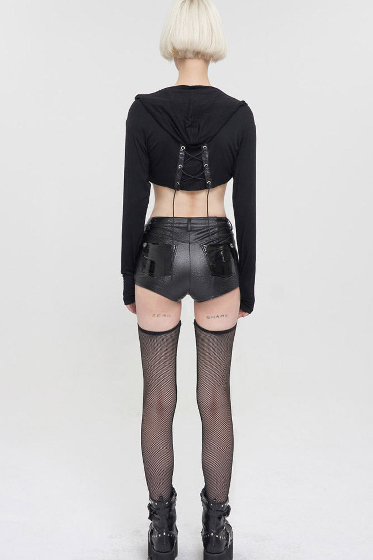 Black Punk Long Sleeve Knitted Chest Mesh Perspective Back Drawstring Adjustment Hoodie Women's Shirt - Product - 7