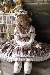 Brown [Teddy Bear Party] Round Collar Short Sleeves Printed Ruffled Bow Daily Sweet Lolita Dress - Product - 11
