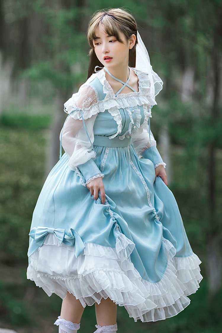 Blue Halter Neck Lantern Long Sleeves Lace Ruffled Hanayome Sweet Lolita Op Tiered Dress - Product - 3