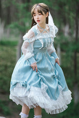 Blue Halter Neck Lantern Long Sleeves Lace Ruffled Hanayome Sweet Lolita Op Tiered Dress - Product - 3