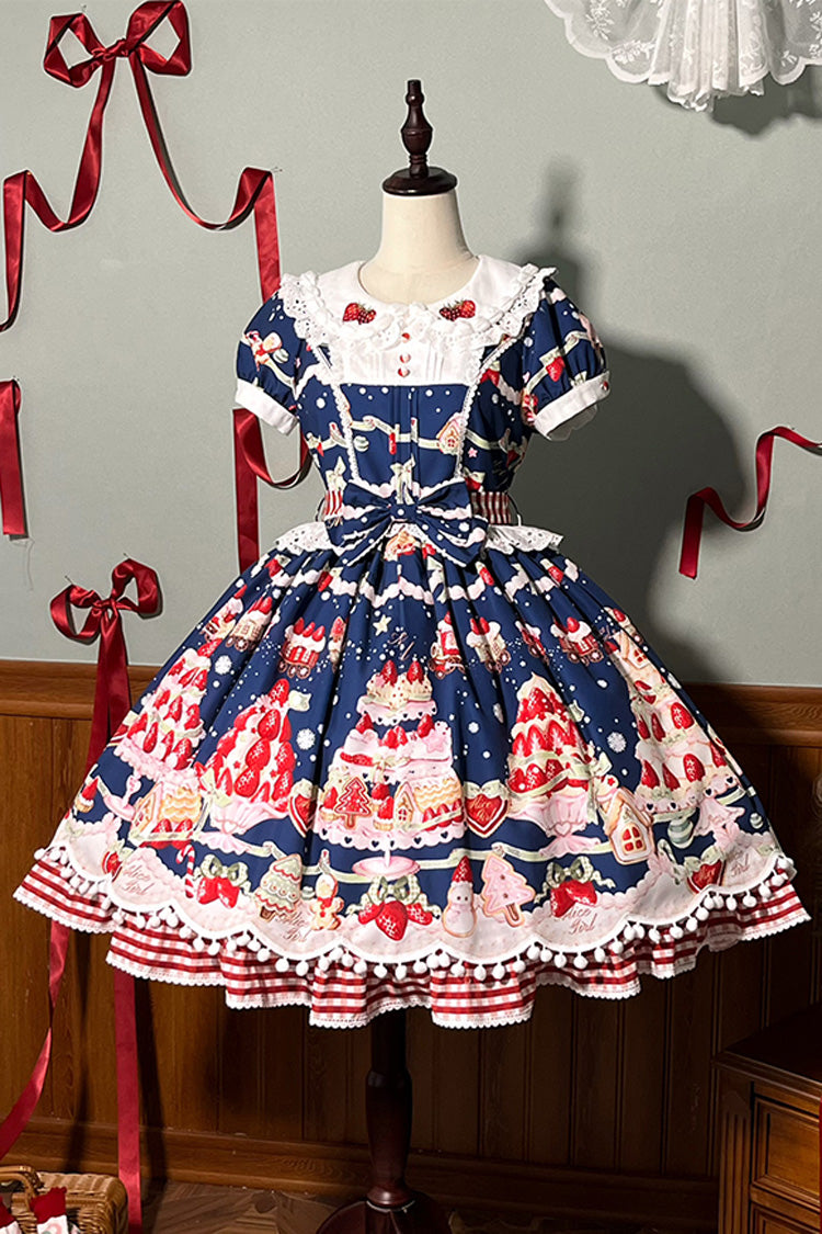 Mint Strawberry Dessert Doll Collar Short Sleeves Print Ruffle Bowknot Sweet Lolita Dress 4 Colors - Product - 23