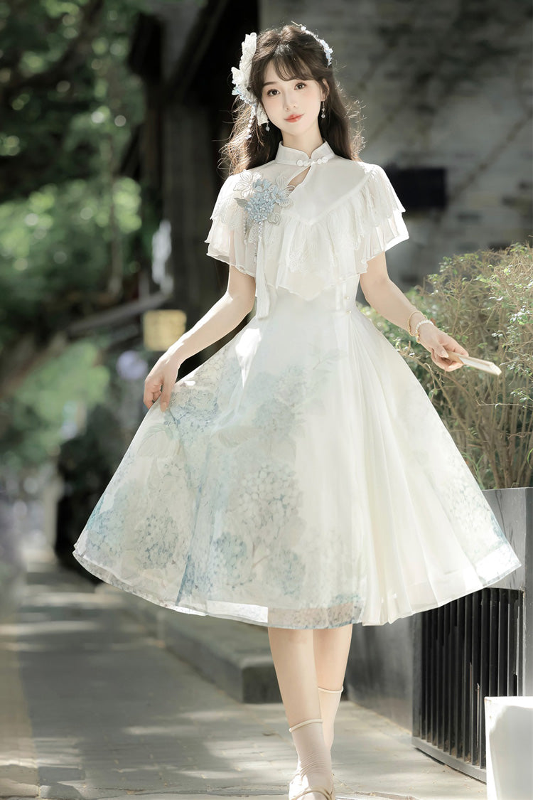 White [Hydrangea Message] Short Sleeves Print Ruffle Lace Sweet Chinese Style Elegant Lolita Short Dress - Product - 8