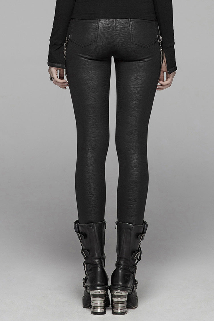 Black Crack Velvet Splice Knit PU Leather Metal Buckle Connect Chain Women's Punk Leggings - Product - 3