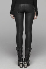 Black Crack Velvet Splice Knit PU Leather Metal Buckle Connect Chain Women's Punk Leggings - Product - 3