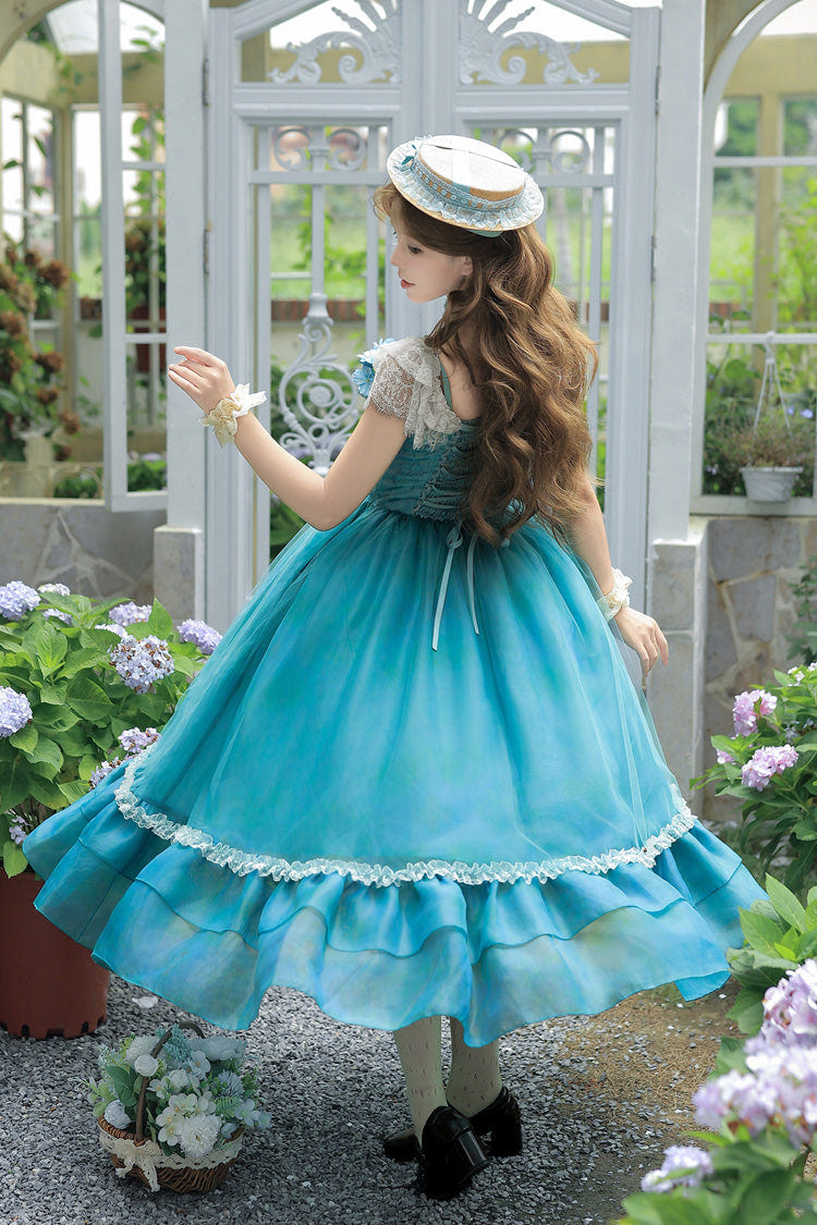 Blue/Green [Water Lily] Square Collar Ruffled Lace-Up Sweet Royal Lolita Dress 2 Versions - Product - 14