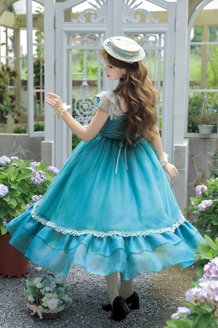 Blue/Green [Water Lily] Square Collar Ruffled Lace-Up Sweet Royal Lolita Dress 2 Versions - Product - 14