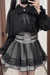 [Law of Disorder] Lapel Collar Long Sleeves Bow Lace Sweet Jirai Kei Skirt and Top 3 Colors - Top(Black) - 5